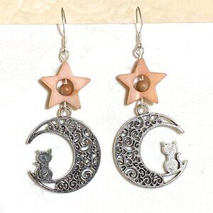 2/$20, Pink Mother of Pearl Star + Cat on the Moon Silver Dangle Earrings